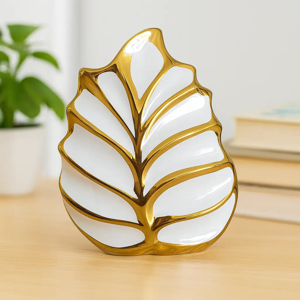 White & Gold Luxury Leaf Sculpture – Table Decor Sparkles