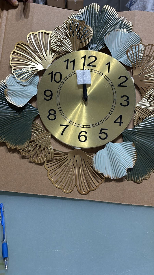 Luxury Metal Wall Clock – Golden & Teal Leaf Design