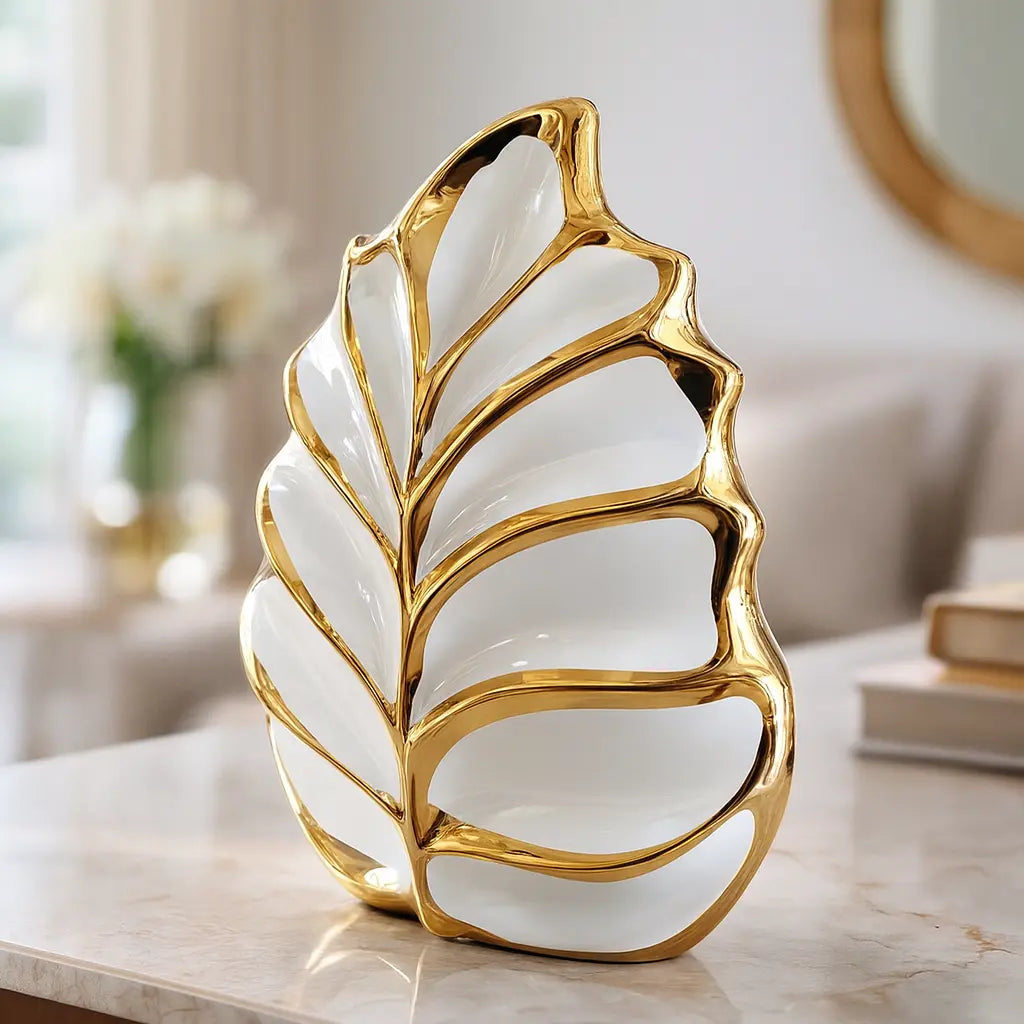 White & Gold Luxury Leaf Sculpture – Table Decor Sparkles